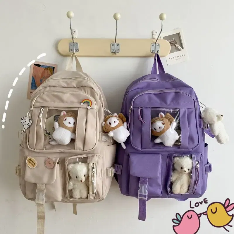 Color: PURPLE, Size: 16 inches - Large-capacity Cute Women Multi-Pocket Nylon Backpack Ins Junior High School Student School Bag Female Girl Backpack Laptop Book