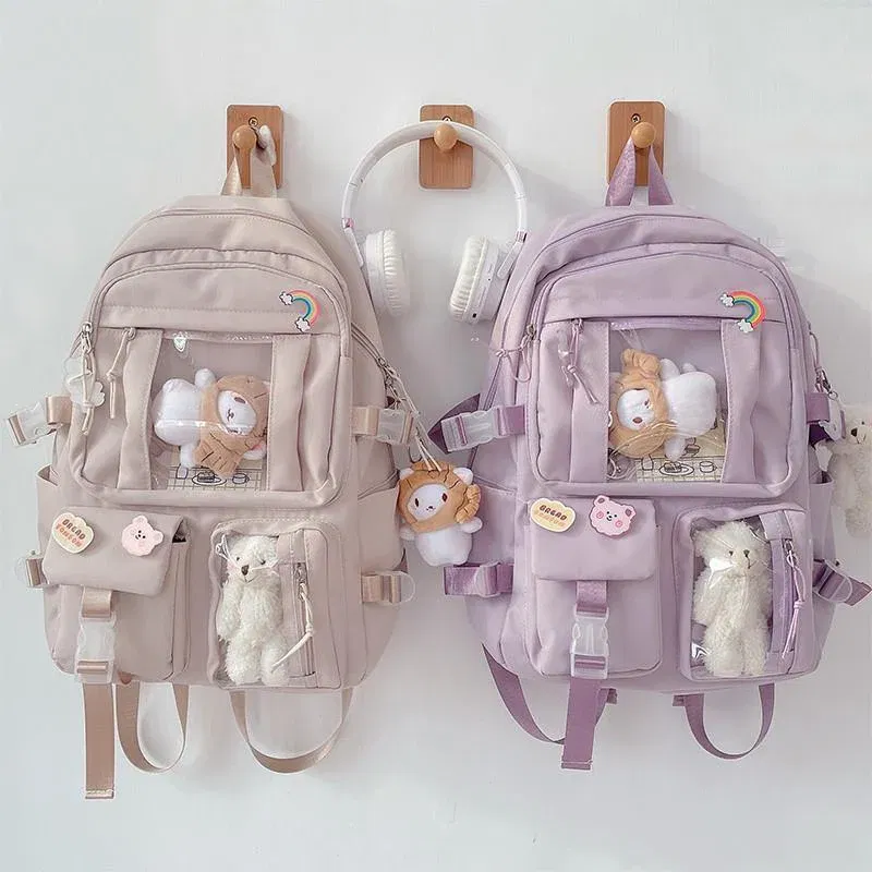 Color: PURPLE, Size: 16 inches - Large-capacity Cute Women Multi-Pocket Nylon Backpack Ins Junior High School Student School Bag Female Girl Backpack Laptop Book