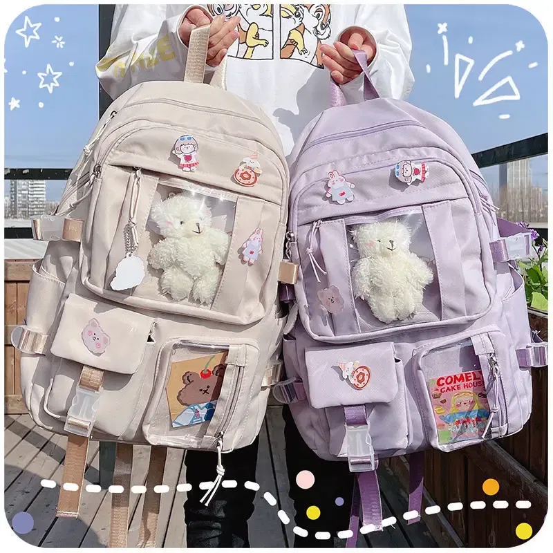 Color: PURPLE, Size: 16 inches - Large-capacity Cute Women Multi-Pocket Nylon Backpack Ins Junior High School Student School Bag Female Girl Backpack Laptop Book