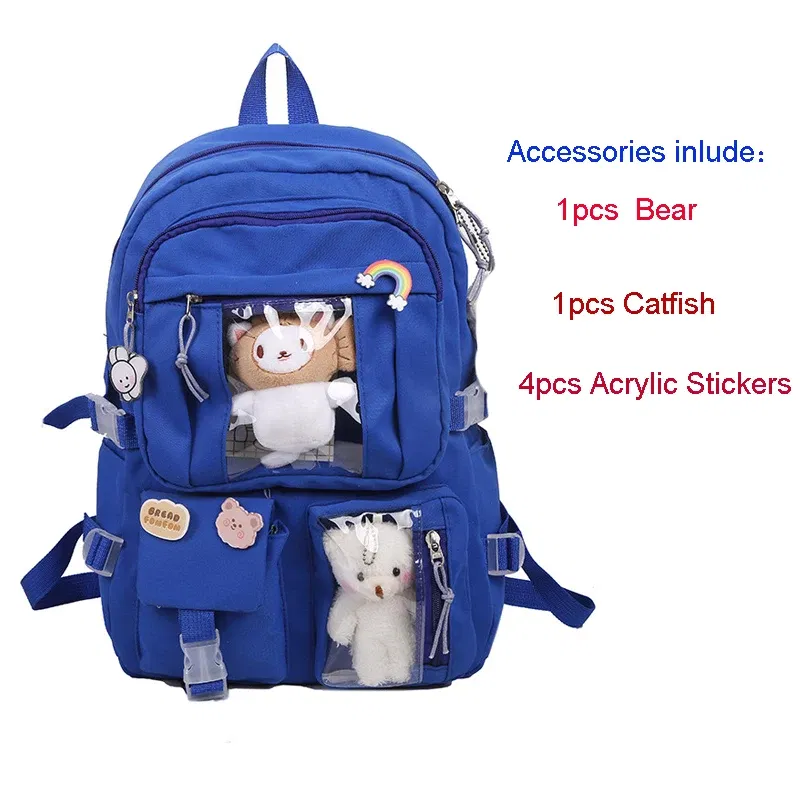 Color: PURPLE, Size: 16 inches - Large-capacity Cute Women Multi-Pocket Nylon Backpack Ins Junior High School Student School Bag Female Girl Backpack Laptop Book