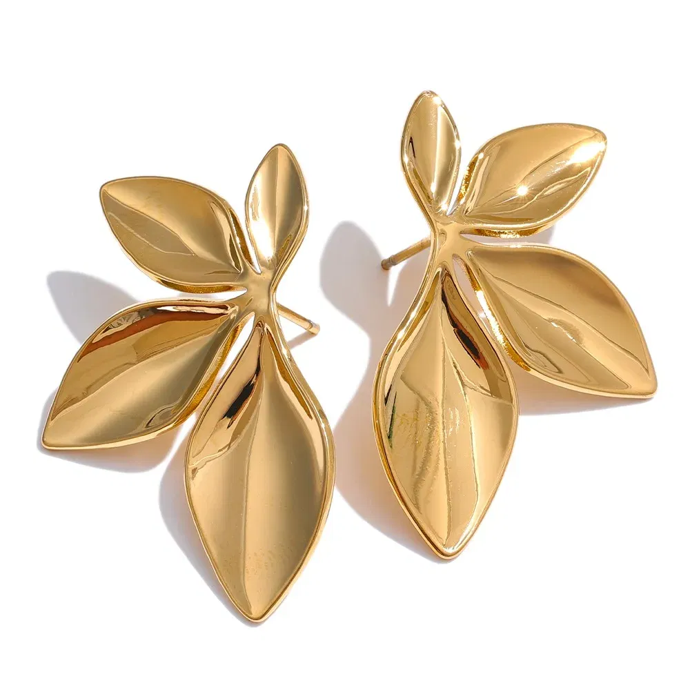 Metal Color: Light Yellow Gold Color - 1 pair 3.5?—2.2cm Leaves Stud Earrings Fashion Anti Allergy Flower Stud Earrings Texture Waterproof Stainless Steel Stud Earrings