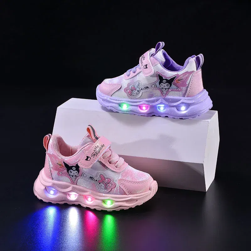 Color: Pink, Shoe Size: 5 - Kids'Casual Shoes Girls Led Light Cartoon PU Leather Spring Fashion Flat Bottom Anti-slip Soft Bottom Pink Purple Size 21-30