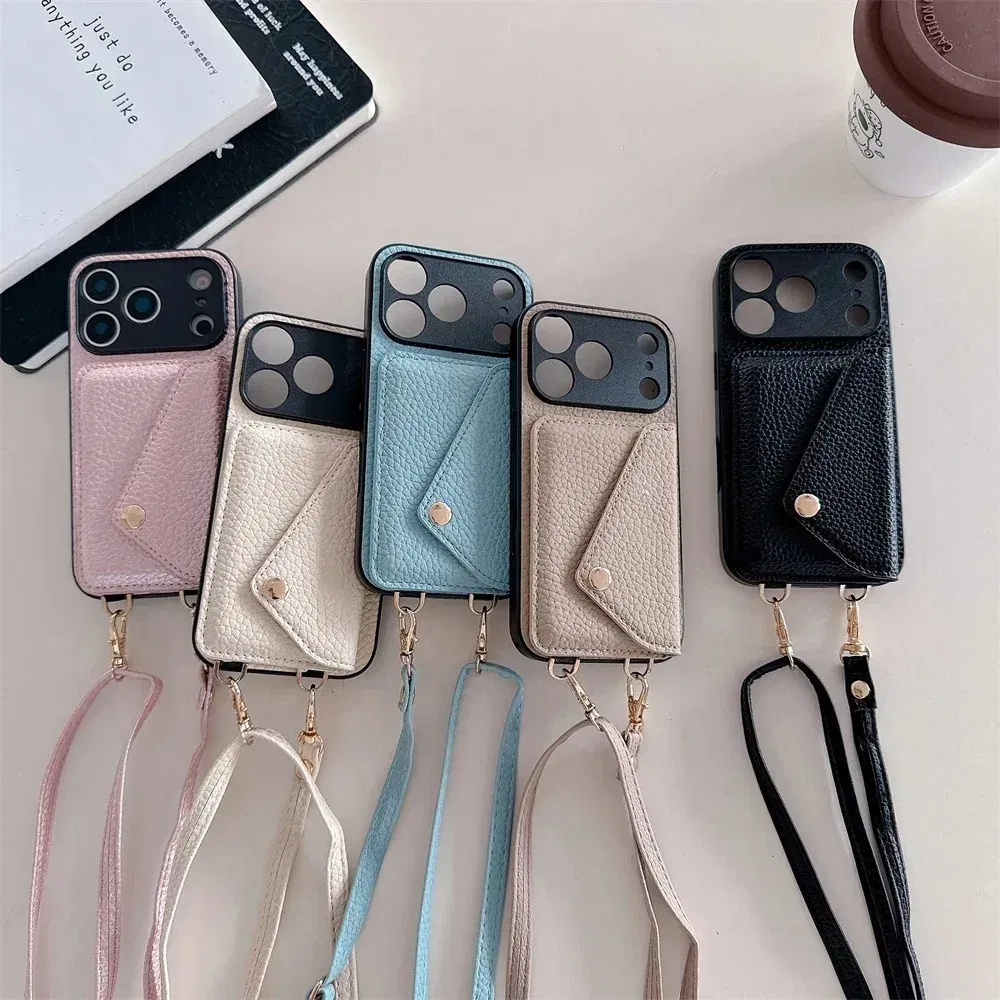 Material: Pc + tpu, Color: Blue - Crossbody wallet card holder phone case For iPhone 17Air 16, 15, 14, 13, 12, 11 Pro Max, XR with lanyard protective cover