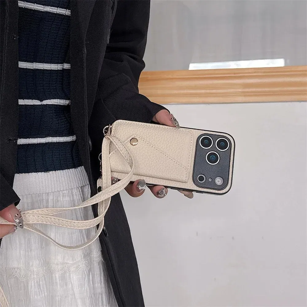 Material: Pc + tpu, Color: Blue - Crossbody wallet card holder phone case For iPhone 17Air 16, 15, 14, 13, 12, 11 Pro Max, XR with lanyard protective cover
