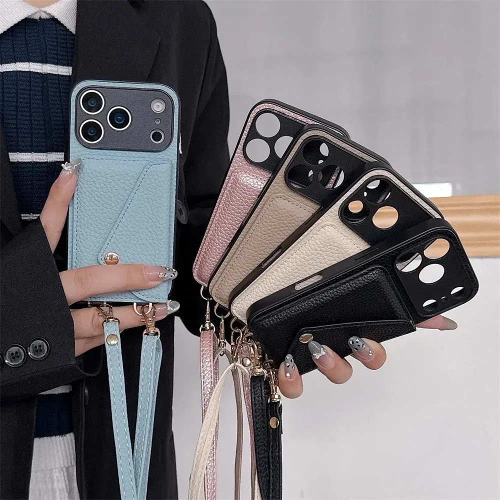 Material: Pc + tpu, Color: Blue - Crossbody wallet card holder phone case For iPhone 17Air 16, 15, 14, 13, 12, 11 Pro Max, XR with lanyard protective cover