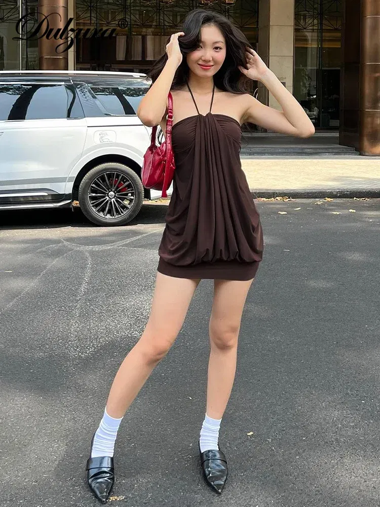 Color: Coffee, Size: M - Dulzura Sexy Mini Halter Ruched Backless Short Dress Solid Sleeveless Women Dresses Summer Lady Party Birthday Club Clothes Y2K