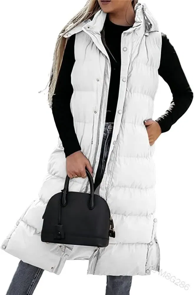 Color: WHITE, Size: 5XL - Hooded Zipper Jacket Women Oversize Waistcoat Winter Outerwear Hooded Parka Fashion Quilted Vest Casual