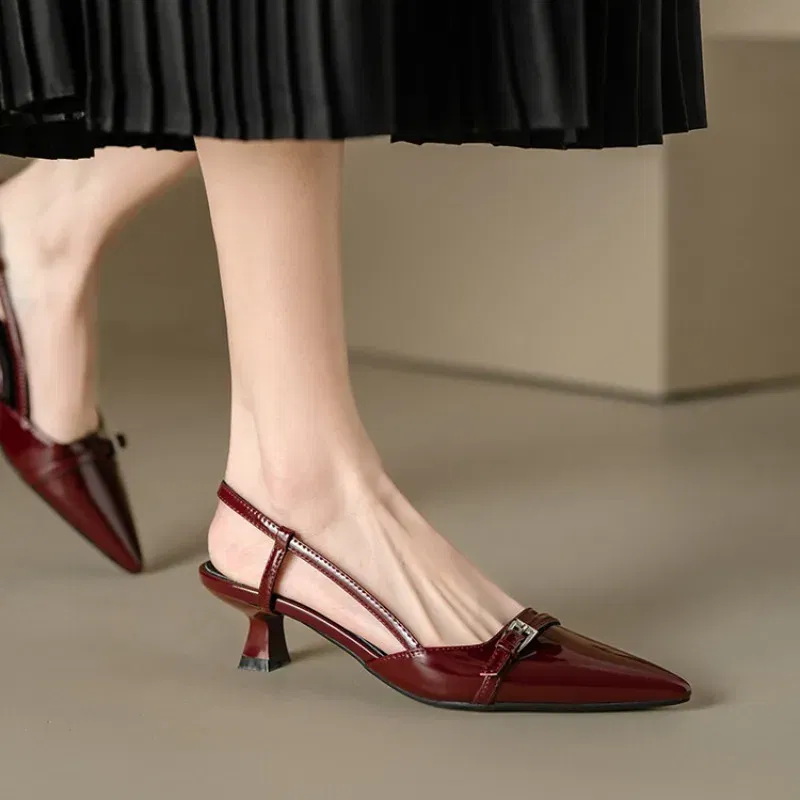 Color: Beige, Shoe Size: 36 - 2024 New Summer Women's Dress Shoes Patent Leather Slip on Pointed Toe Sandals Buckle Slingbacks Mid Heels Pumps Sandalias Mujer