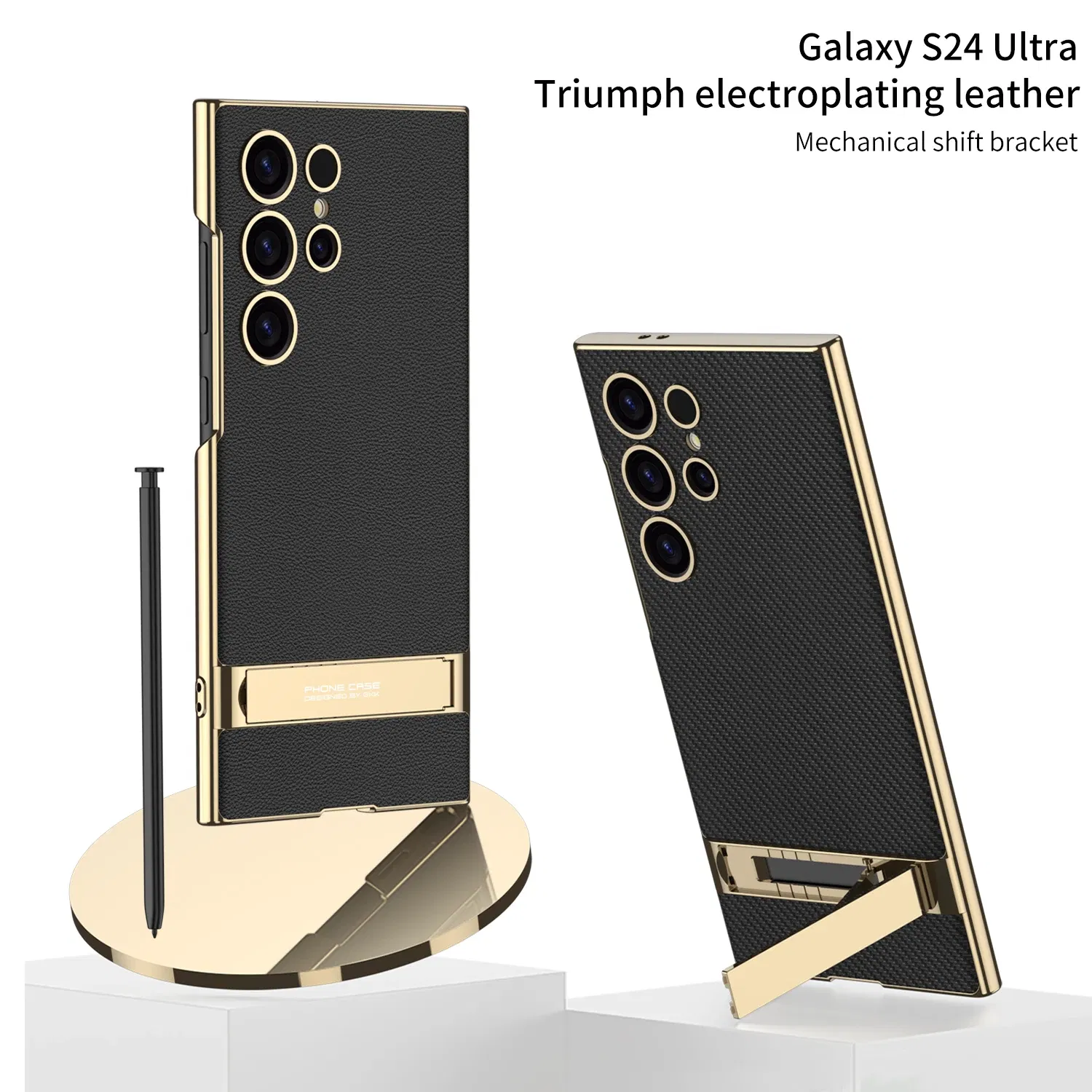 Color: Sky blue, Bundle: Case & Strap, Material: Canvas - For Samsung Galaxy S24 Ultra Plus Case Luxury Electroplated Gold Border Plain Leather Bracket Shockproof Back Cover Accessories