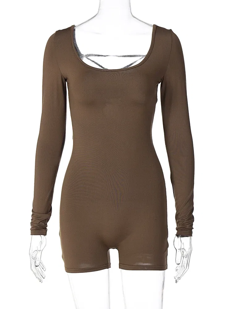 Color: Maroon, Size: M - Hugcitar Long Sleeves Backless Solid Lace Up Sexy Slim Skinny Playsuit 2024 Fall Women Fashion Y2K Streetwear Party Club Rompe