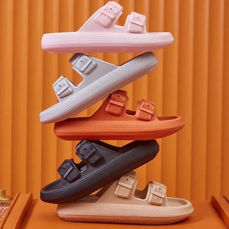 Color: wine red, Shoe Size: 5 - Fashion Buckle Thick Platform Slippers Women Home Soft Sole eva Cloud Slides Sandals Woman 2023 Summer Non Slip Beach Flip Flops
