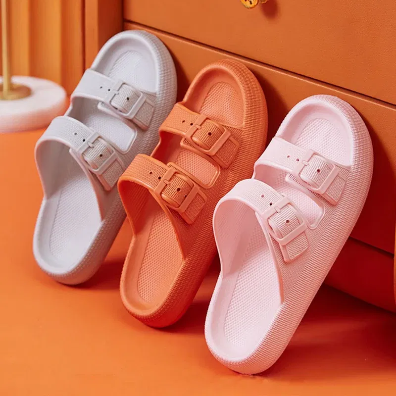 Color: wine red, Shoe Size: 5 - Fashion Buckle Thick Platform Slippers Women Home Soft Sole eva Cloud Slides Sandals Woman 2023 Summer Non Slip Beach Flip Flops