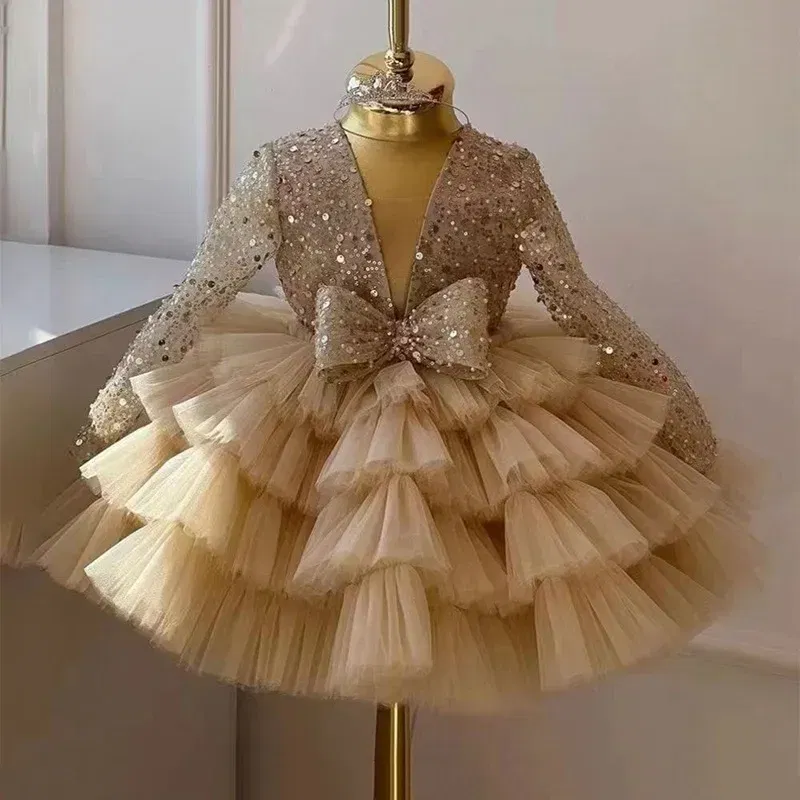Kid Size: 3T, Color: Khaki - 2-12 years old sequin long-sleeved dress girl puffy dress girl lace birthday wedding flower girl bow performance dress