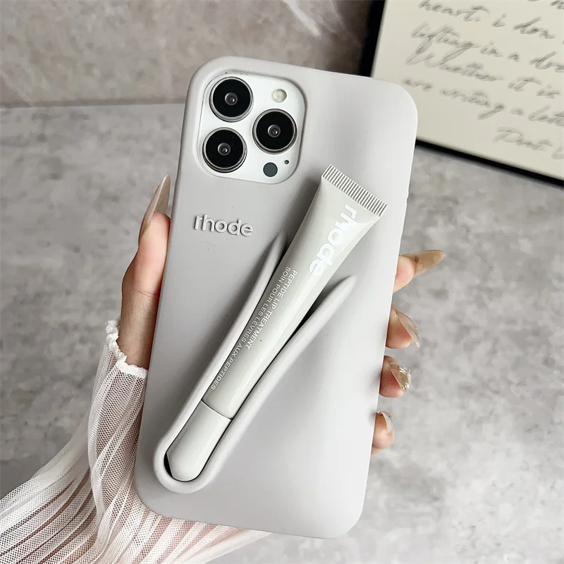 Color: Beige, Bundle: Bundle1, Material: EVA - Phone Case For iPhone 12 13 14 15 16 Pro Max Plus 17 Air Portable Lip Gloss Holder Lipstick Silicone Soft Bumper Cover Lip Glaze