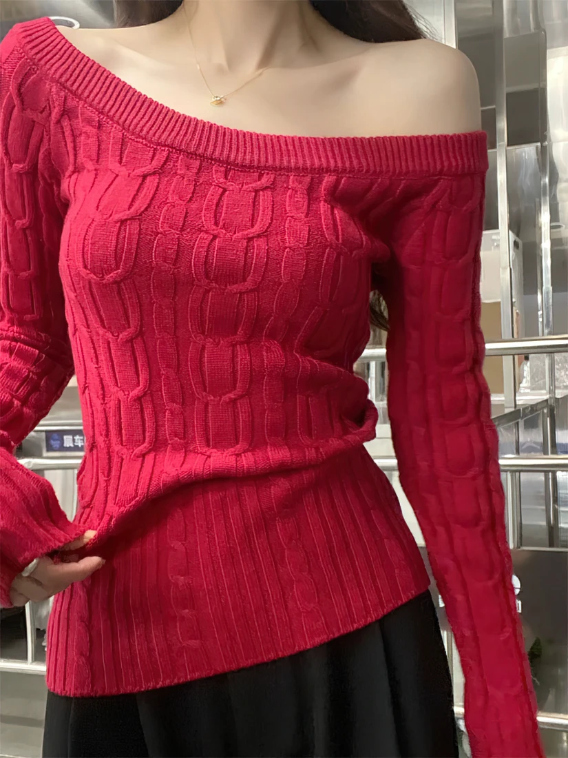 Color: Burgundy, Size: S - Casual Off shoulder Rib Knit Sweater Pull Women Long sleeve Top Basic Tees White Slim Pullovers Lady Sexy One Shoulder New