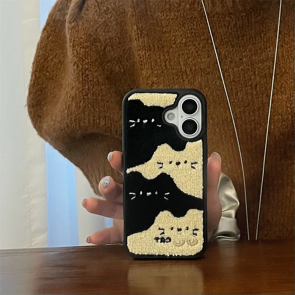 Color: Beige, Material: Wood - Luxury Cartoon Embroidery Cute Dog Cats Colorful Dots Phone Case For iPhone 13 14 15 16 Pro Max Plush Winter Shockproof Cover