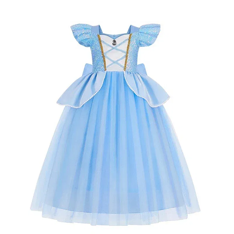 Color: GRAY, Kid Size: 5 - Disney Deluxe Elegant Rapunzel Princess Ball Gown Fancy Birthday Party Dress Cinderella Vestidos Costume Play Carnival Apparel