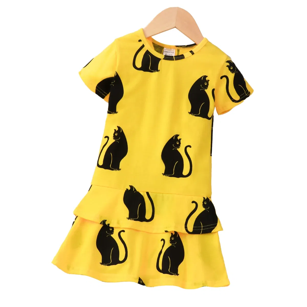 Color: Yellow, Kid Size: 2T - 2024 Children Dress Summer Girl Kids Dress for Very Elegant Party Black Cat Print Splice Belted A-line Skirt Girl Clothing