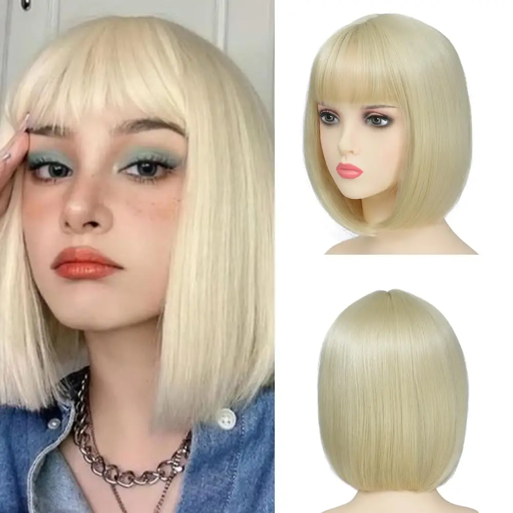 Color: P4/613, Stretched Length: 12inches - Bob Black Synthetic Wigs Straight Cosplay Short Daily Natural Looking Hair Wig with Bangs Heat Resistant Fiber for Women Afro