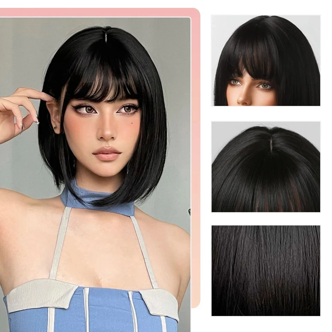 Color: P4/613, Stretched Length: 12inches - Bob Black Synthetic Wigs Straight Cosplay Short Daily Natural Looking Hair Wig with Bangs Heat Resistant Fiber for Women Afro
