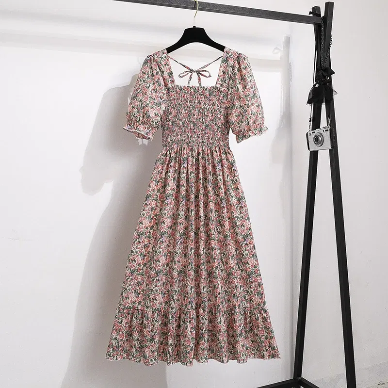 Color: green, Size: One Size - Spring Summer Chiffon Dresses Fashion Female Elastic Waist Short Sleeve Pleated Casual Dress Women A-line Dresses Vestidos
