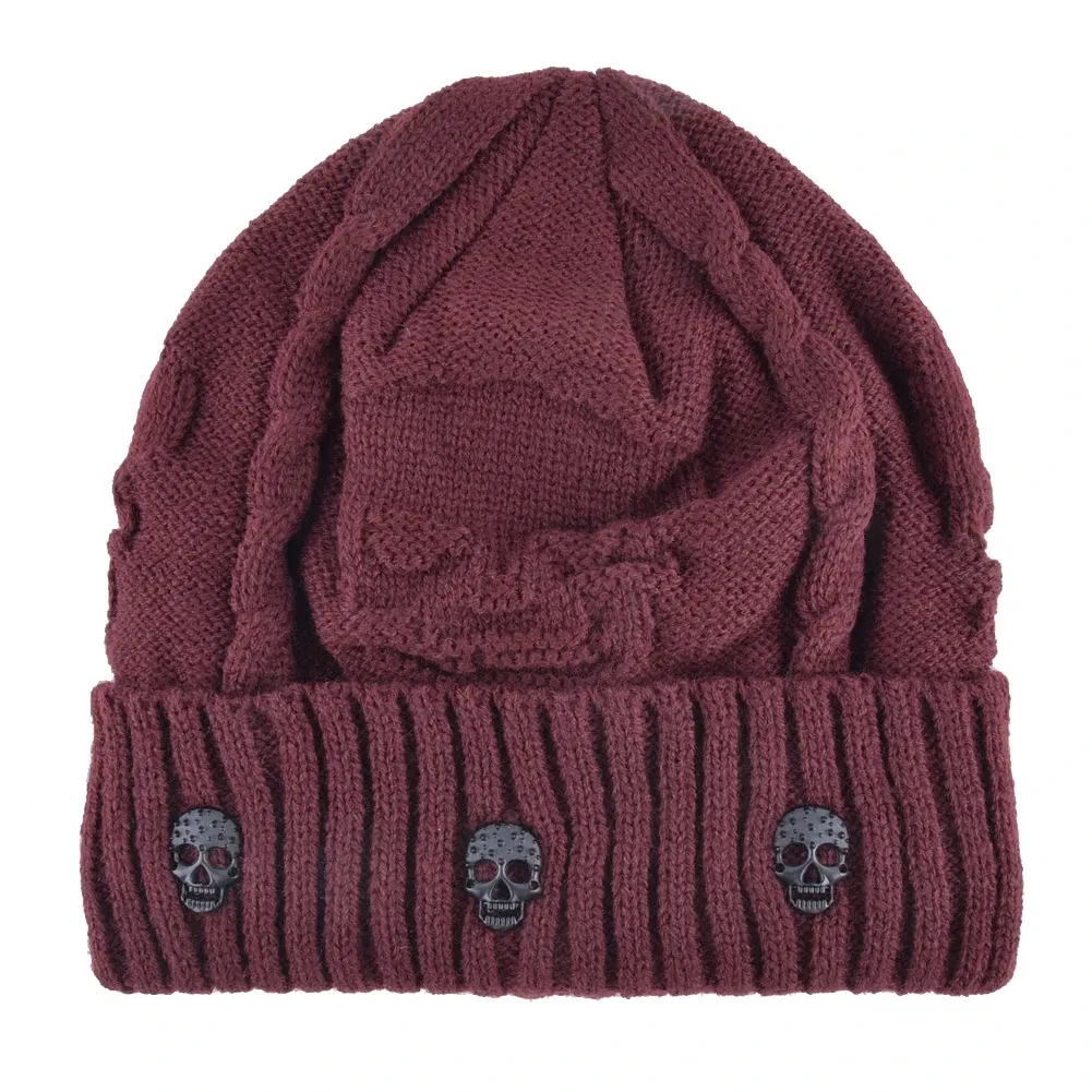 Color: Burgundy, Size: 56/57 - Winter Beanies Men Knitted Skull Pattern Solid Color Hat With Metal Skulls Skullies Beanies Men's Knit Thick Hats Add Velvet