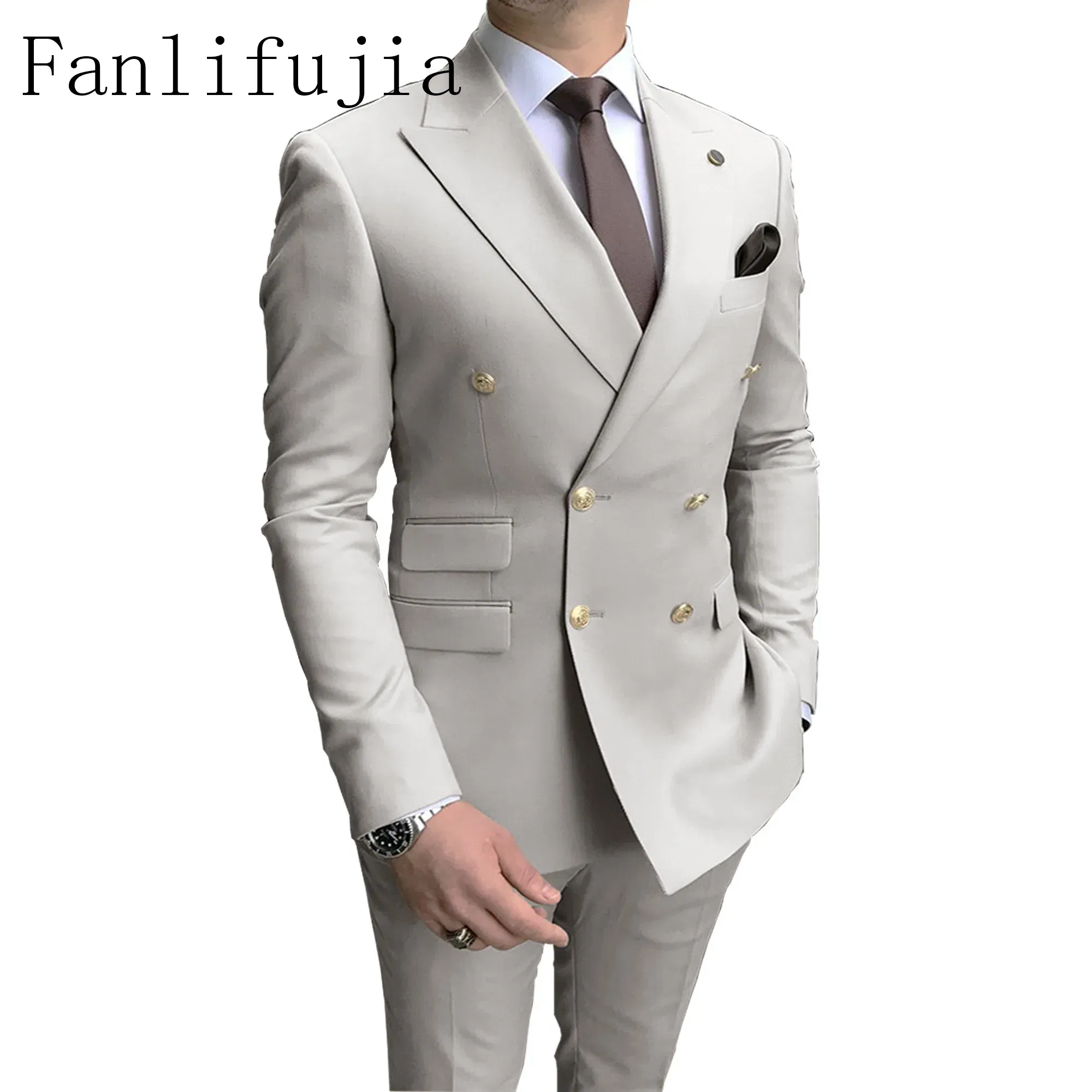 Color: GRAY, Size: 4XL - Fanlifujia Store 2024 Casual Sky Blue Men Suits Double Brested Peak Lapel Gold Button Groom Wedding Tuxedos Best Costume Homme