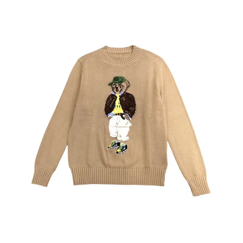Size: M, Color: SKY BLUE - American Cartoon Embroidered Cotton Bear Sweater Women 2025 Round Neck Long Sleeve Knitted Pullover Fall Winter