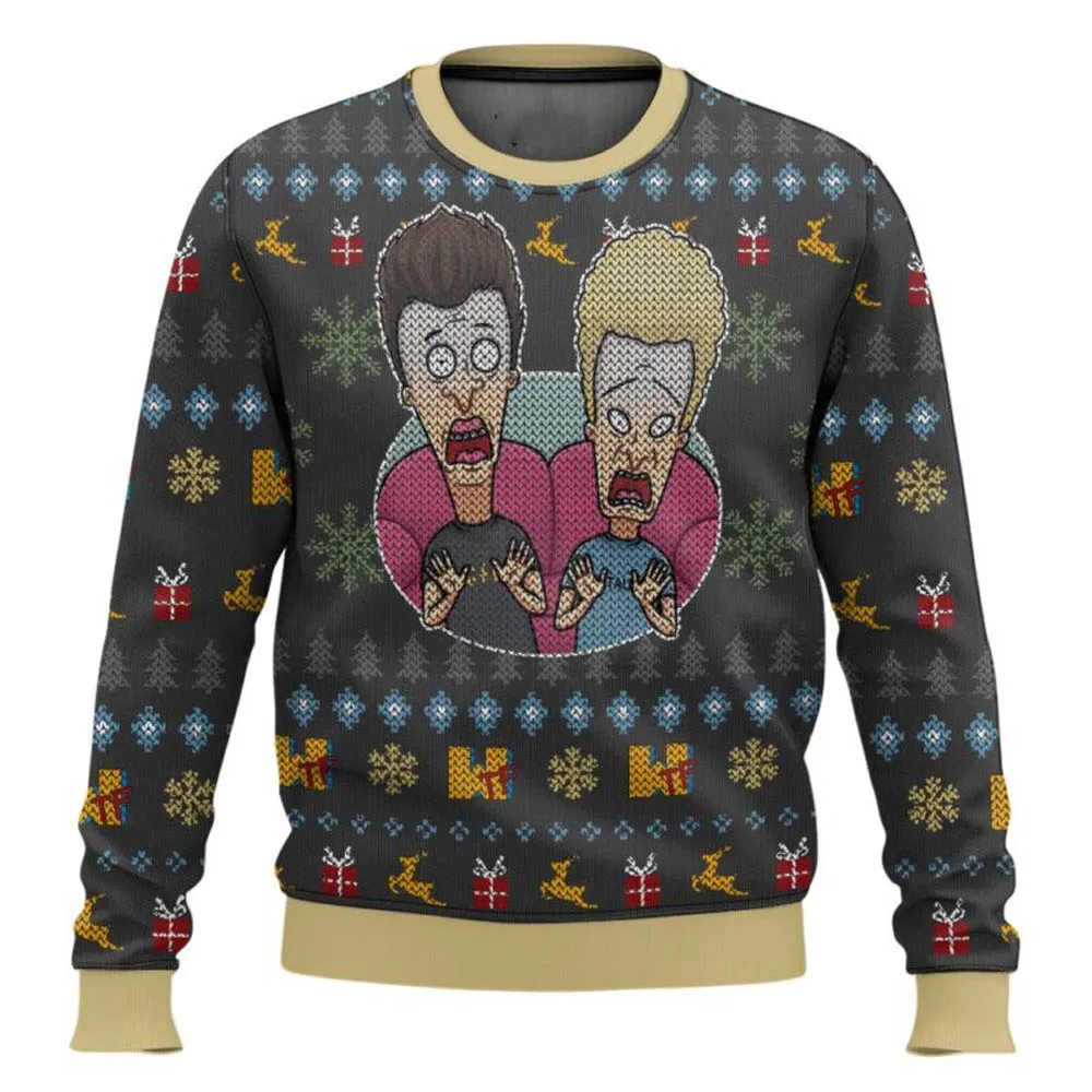 Color: black, Size: XXL - Xmas Rock Beavis and Butthead Ugly Christmas Sweater Cartoon Anime Women Men Pullover Tops New Fashion Couple Hoodie Sweatshirt