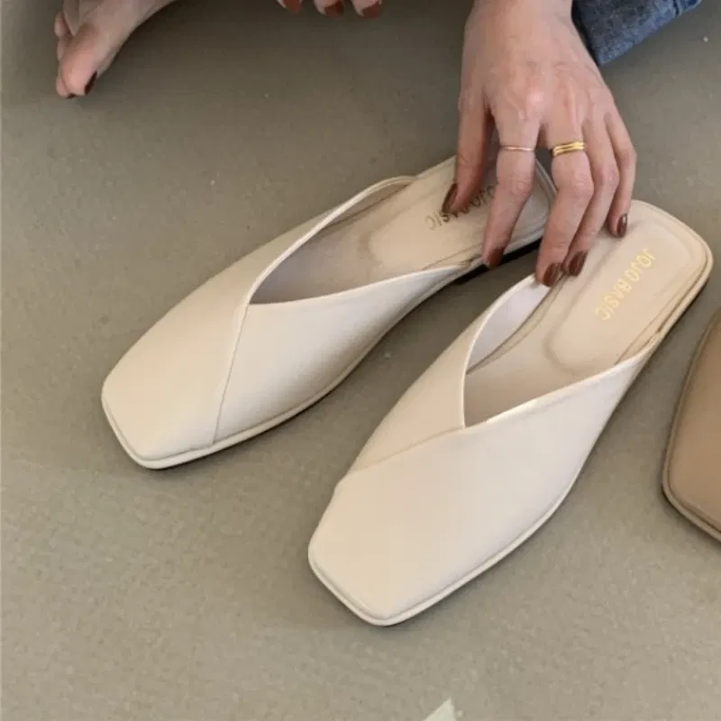 Color: Beige, Shoe Size: 37 - Fashion Slip on Mules Big Size 43 Flat Slippers 2024 Summer Women Flat Casual Outdoor Square Toe Shoes Ladies Slippers