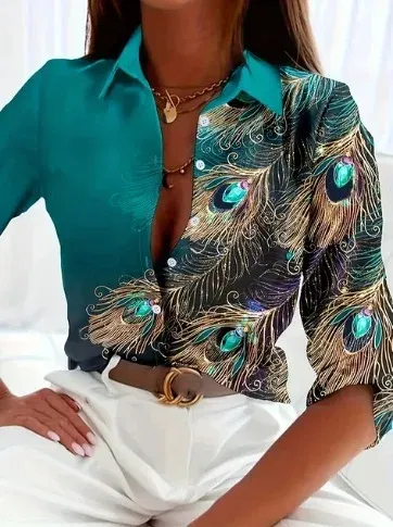 Color: Beige, Size: L - Fashionable Ladies Trendy Long Sleeved Shirt With Feather Gemstone Print Buttons Lapel Shirt Sleeves Autumn Elegant Ladies Shirt
