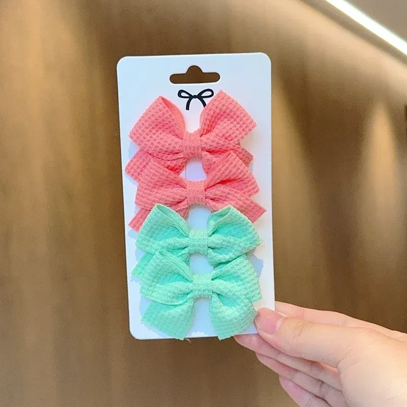 Color: SKY BLUE - 4PCS Soft Cotton Bow Hairpin Girl Sweet Plaid Design Hairpin Color Block Delicate Hairgripe Barrettes Kawaii Child Accessories