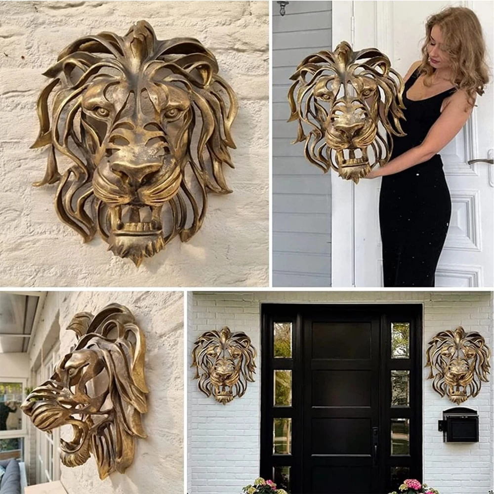 Color: Light Grey - Rare Find Large Lion Head Wall Mounted Art Sculpture Gold Resin Lion Head Art Wall Luxury Decor Kitchen Wall Bedroom dropshippin