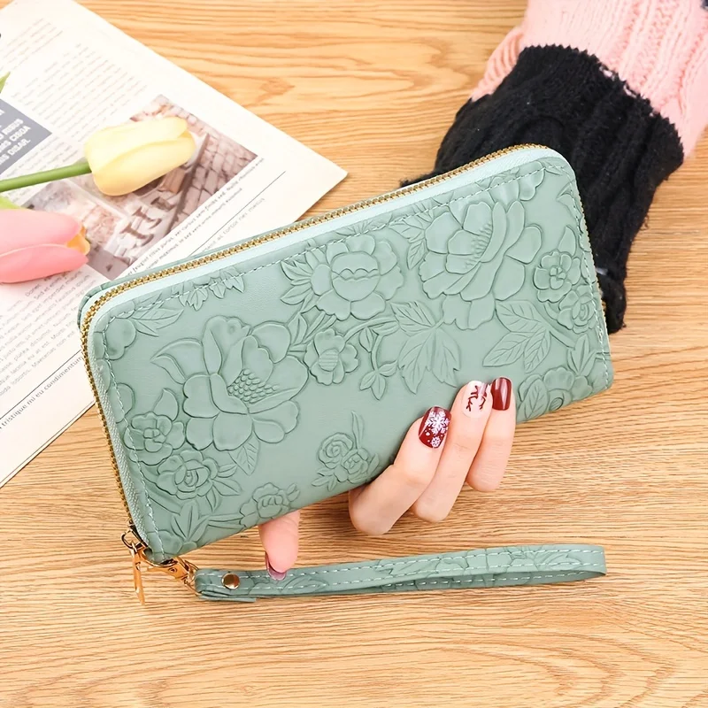 Color: Blue - Floral Embossed Long Wallet, PU Leather Credit Card Holder, Simple Trendy Phone Coin Clutch Purse For Women Hand-painted Wallet