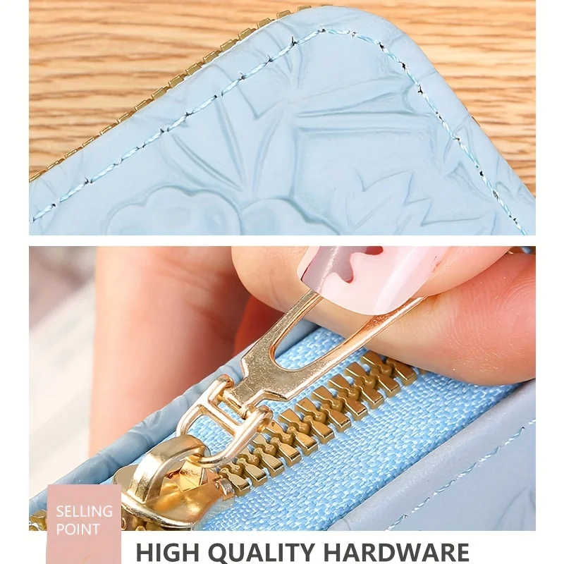 Color: Blue - Floral Embossed Long Wallet, PU Leather Credit Card Holder, Simple Trendy Phone Coin Clutch Purse For Women Hand-painted Wallet