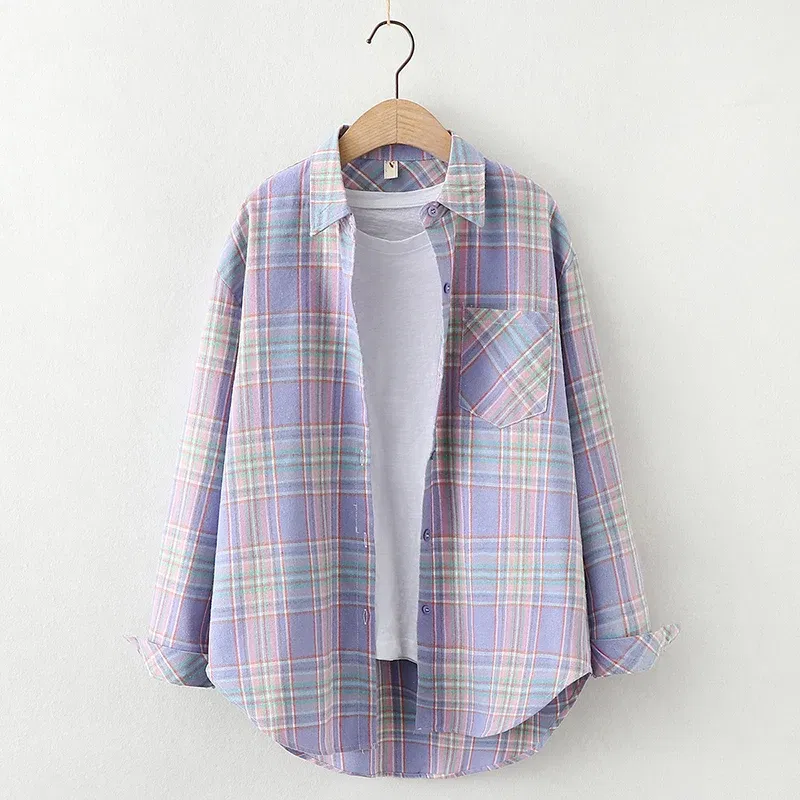 Color: dark green, Size: XL - Fresh Flannel Plaid Shirt Women 2025 New Female Blouses and Tops Cotton Loose Long Sleeve Casual Shirts Fine Women's Clothes
