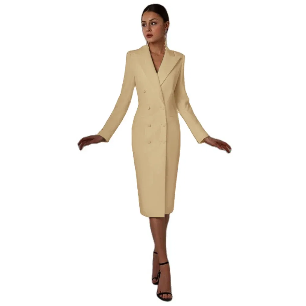 Color: Champagne, Size: S - Women's Suit Long Blazer Double Breasted Jacket White Tuxedo Party Point Lapel Clothes спор?‚ивн?‹й кос?‚юм ?¶?µнск