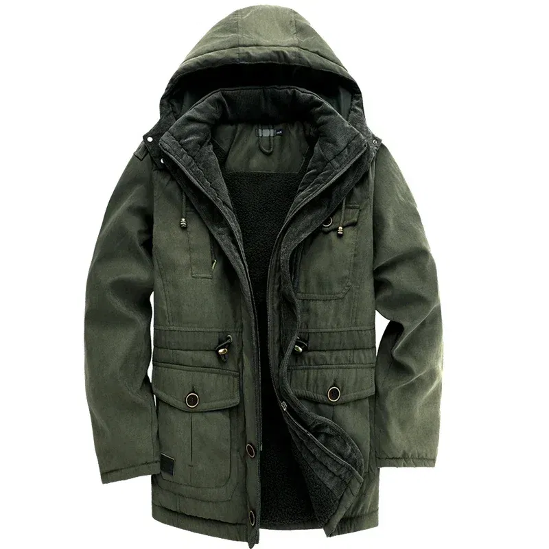 Color: green, Size: 5XL - Winter Parka Military Outdoor Fleece Men Large SIZE Men Warm Jacket Men Cotton Windproof Casual Parka Stand Collar Lamb Cashmere