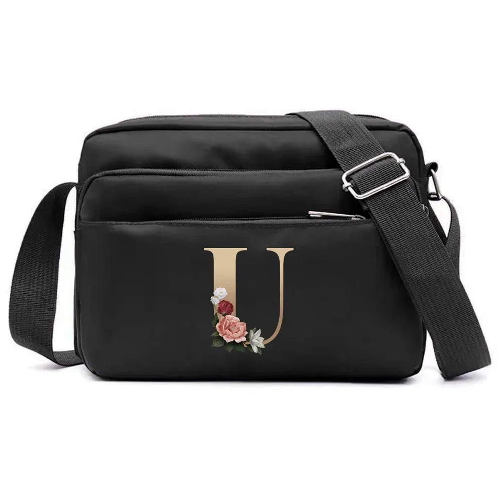 Color: Yellow - New Fashion Multi-layer Travel Leisure Simple Storage Bag Black Gold Letter Series Printing Pattern One Shoulder Crossbody Bag
