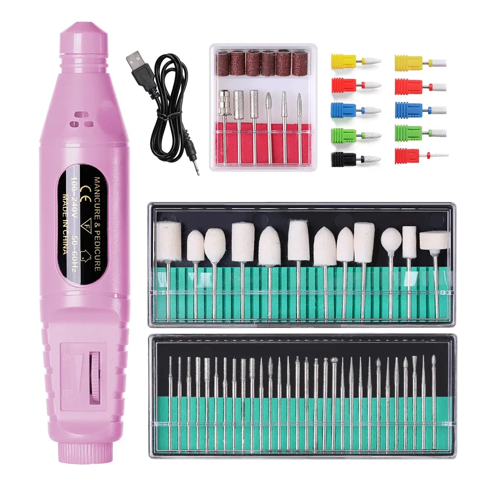 Color: light yellow - LULAA Portable Electric Nail Drill Machine Manicure Milling Cutter Set Nail Files Drill Bits Gel Polish Remover Tools