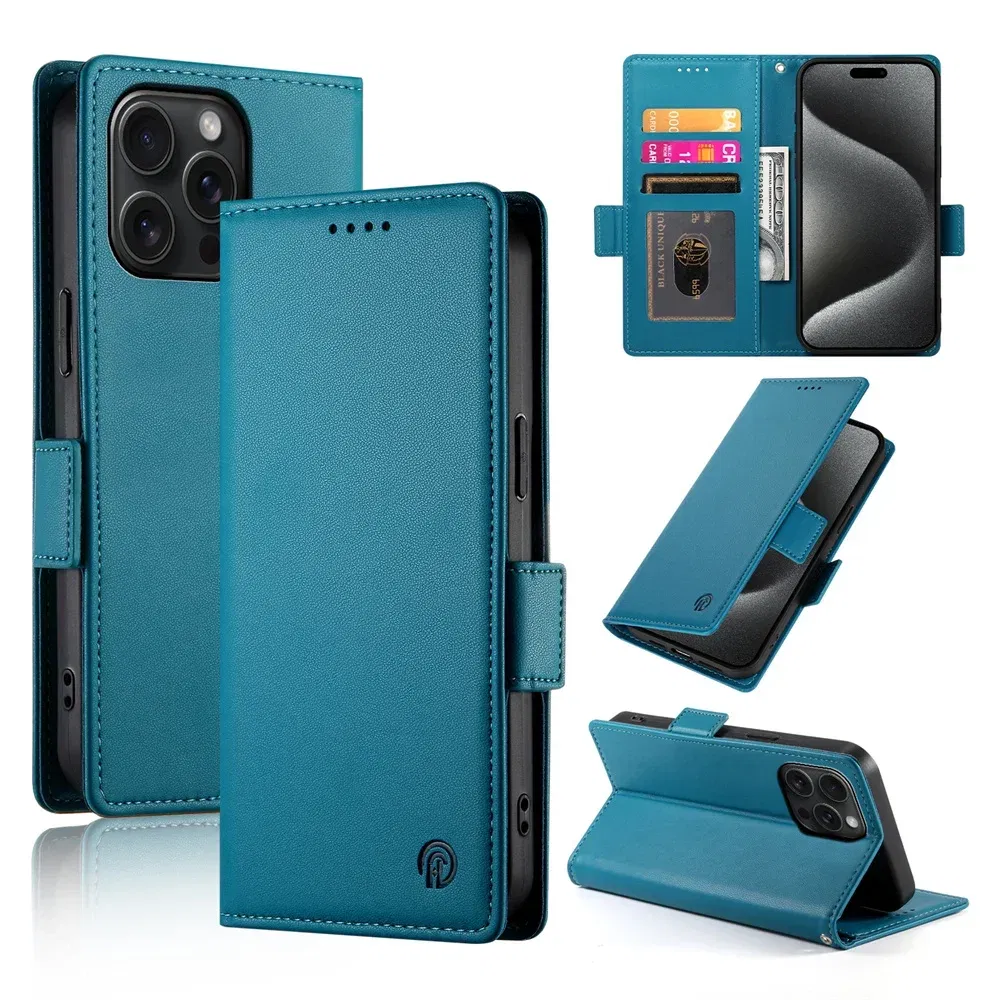 Color: Blue, Material: Silicon - PU Leather Flip Phone Case For iPhone 16 15 Pro Max 16E 14 13 1211 XS Max XR X 8 7 Plus SE KickStand Cards Solt Wallet Cover