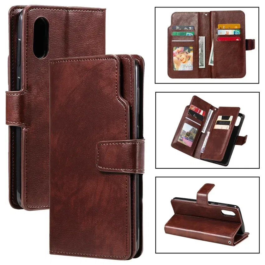Color: Brown, Material: CANVAS - Leather Nine Cards Wallet Case For Samsung Galaxy S24 Ultra S23 FE S22 S20 S21 Plus S10 S9 S8 Plus Note 20 Phone Cover