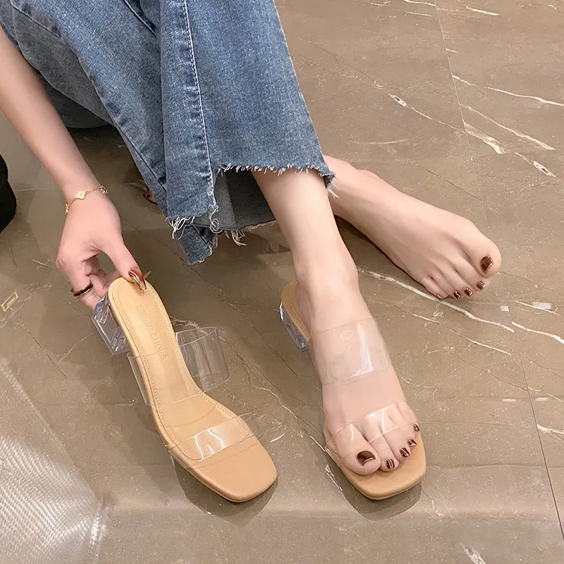 Color: Khaki, Shoe Size: 36 - Summer New Transparent Sexy Square Head Open Toe Outwear Women Large Comfortable High Heel Sandals and Slippers Single Shoe