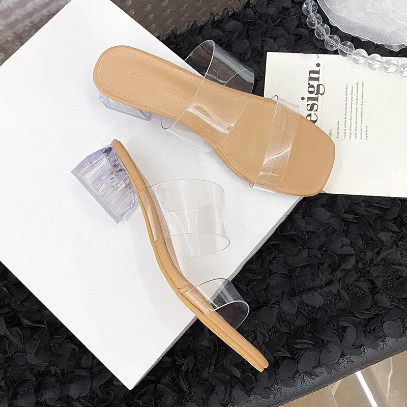 Color: Khaki, Shoe Size: 36 - Summer New Transparent Sexy Square Head Open Toe Outwear Women Large Comfortable High Heel Sandals and Slippers Single Shoe
