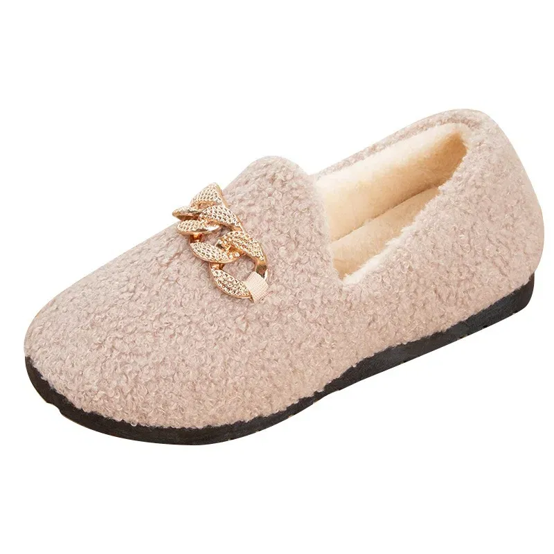 Color: Beige, Shoe Size: 36 - Womens Slippers Warm Short Plush Lining House Shoes Moccassins Slip on Fashion Lady Flats Loafers Non Slip 2023