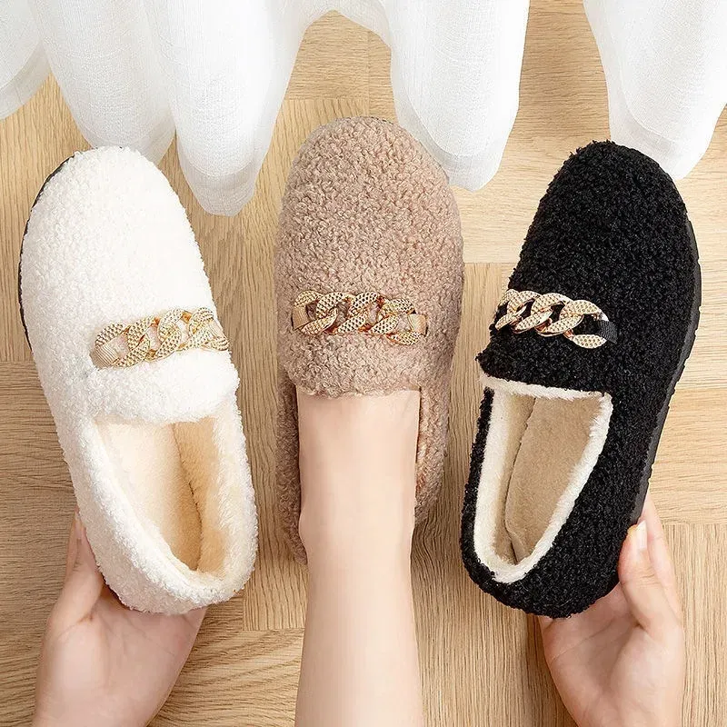 Color: Beige, Shoe Size: 36 - Womens Slippers Warm Short Plush Lining House Shoes Moccassins Slip on Fashion Lady Flats Loafers Non Slip 2023