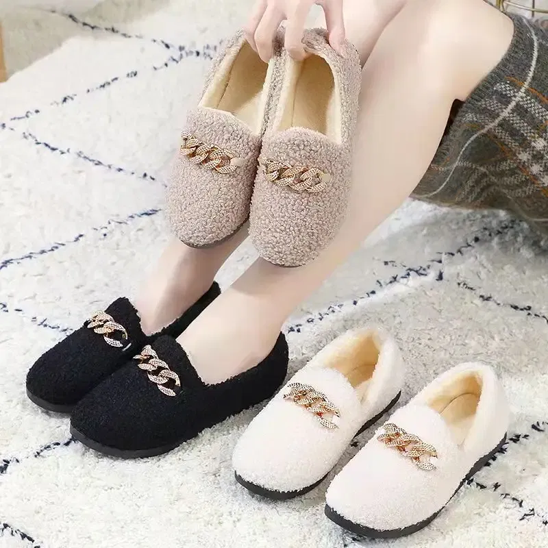 Color: Beige, Shoe Size: 36 - Womens Slippers Warm Short Plush Lining House Shoes Moccassins Slip on Fashion Lady Flats Loafers Non Slip 2023