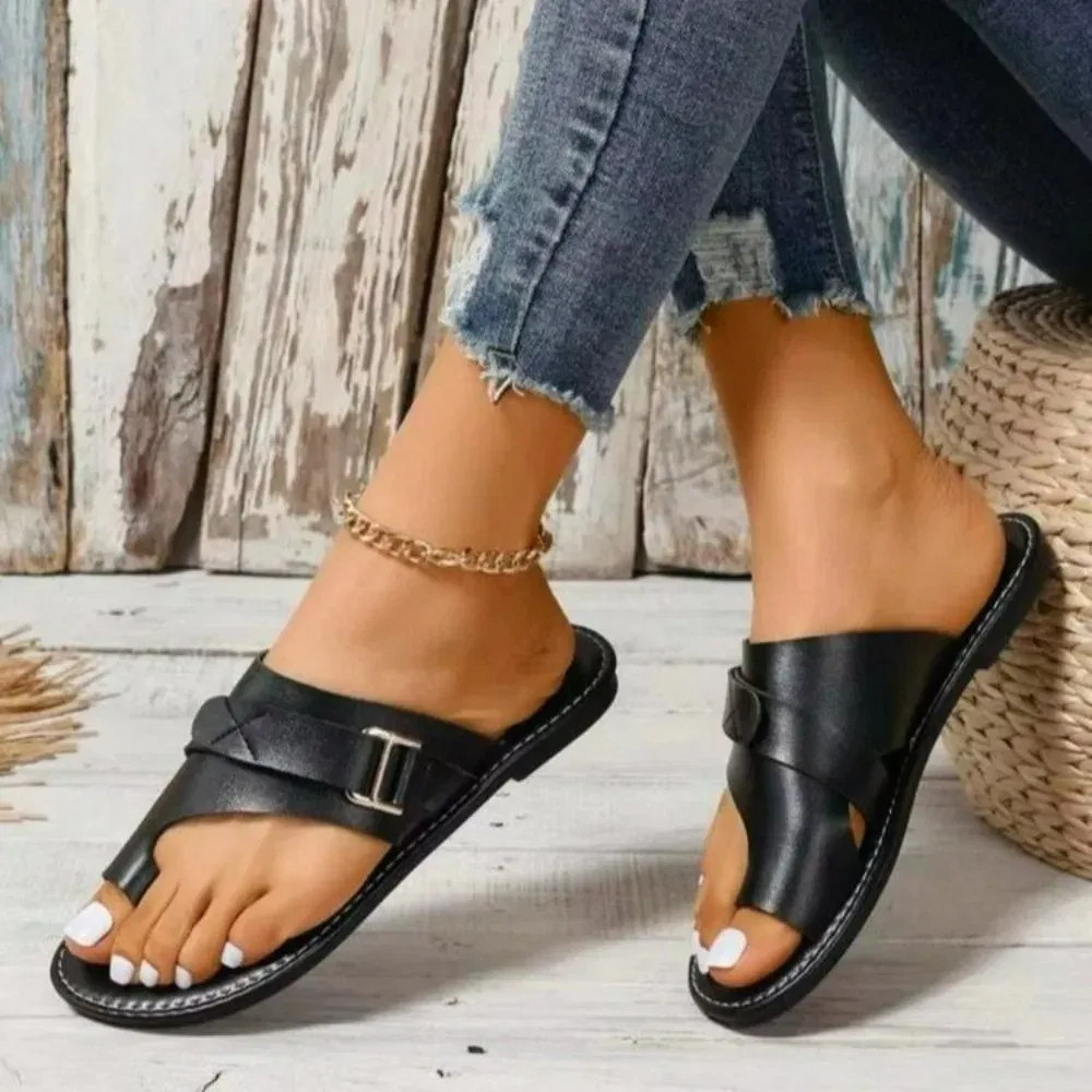 Color: Dark Grey, Shoe Size: 37 - Women Slippers Outdoor Casual Beach Women Shoes Summer New Flats Flip Flop Sandals Walking Clip Toe Rome Buckle Ladies Slides