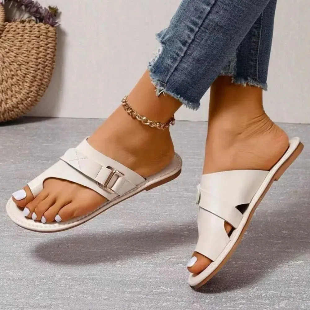 Color: Dark Grey, Shoe Size: 37 - Women Slippers Outdoor Casual Beach Women Shoes Summer New Flats Flip Flop Sandals Walking Clip Toe Rome Buckle Ladies Slides