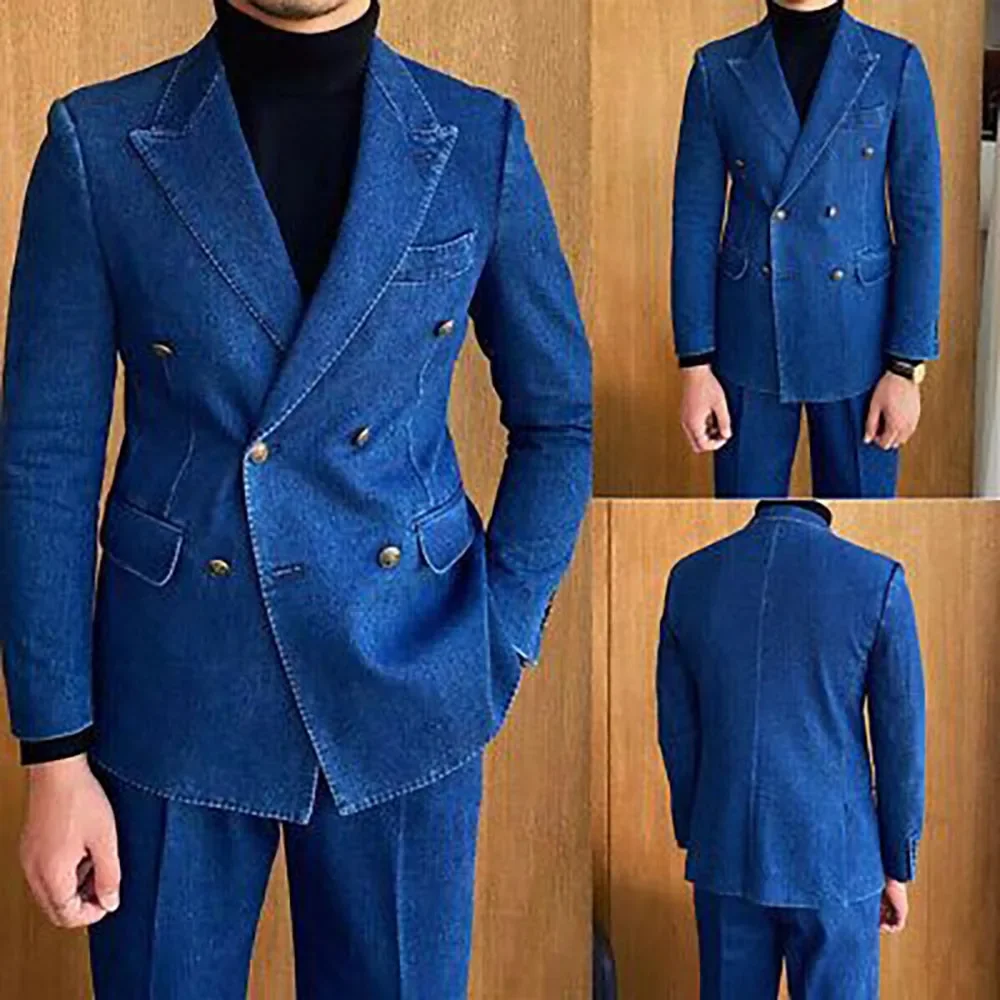 Color: black, Size: XL - Denim British fashion men's suit high quality casual 2 piece top pants suit